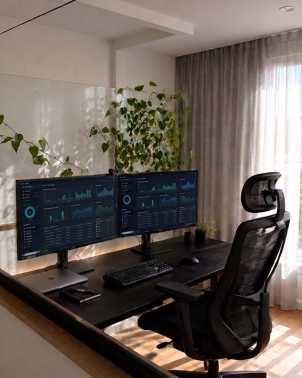 Notre espace de travail — bureau et mur végétal